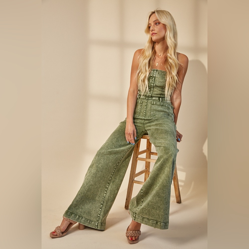 Olive Strapless Wide Leg Denim Jumpsuit | Mineral Wash | Rodeo Ready 🤠